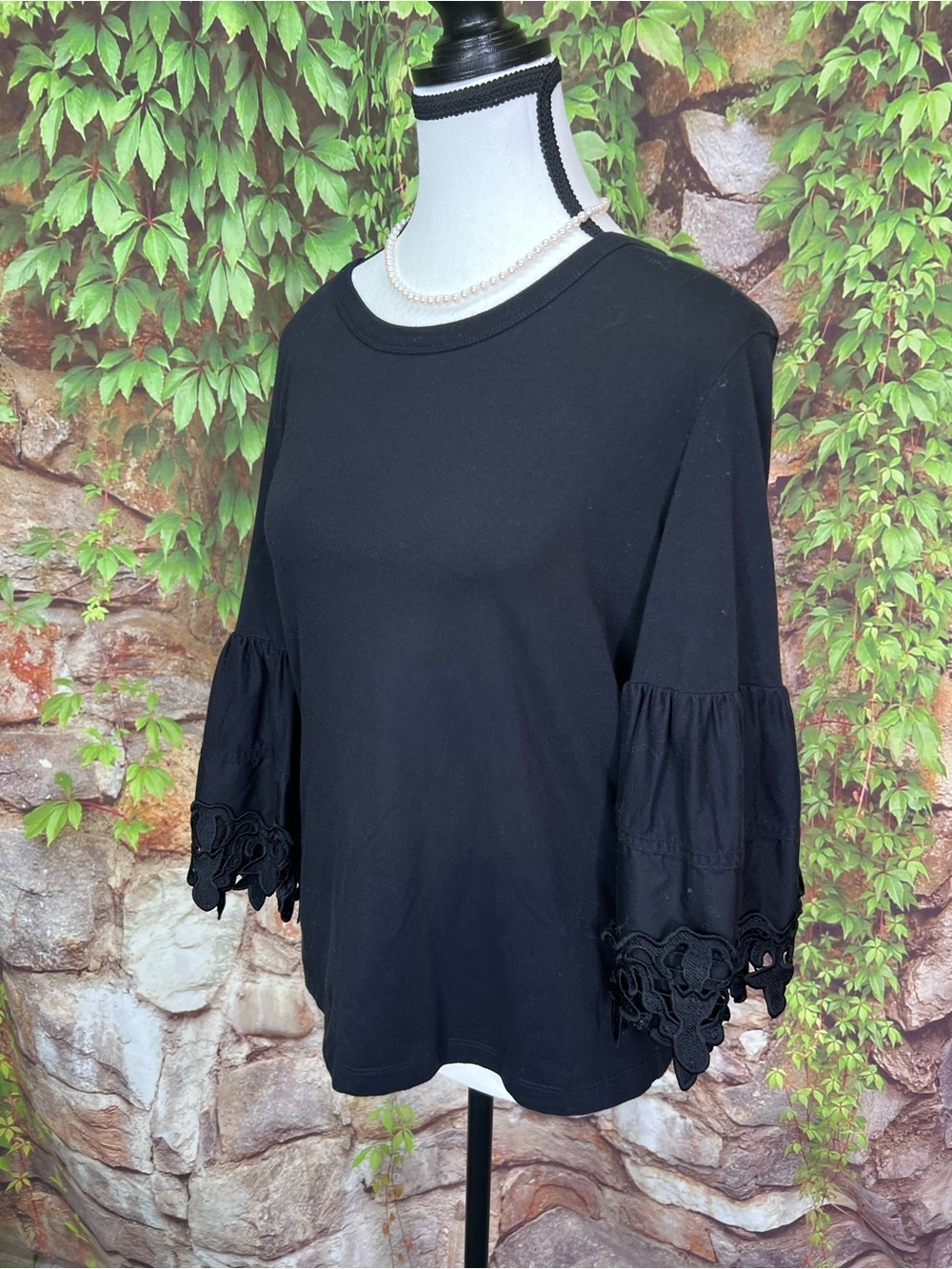 SEE BY CHLOE Black Jersey Knit Luxury Minimalist Bell Sleeve Crewneck, S - Picture 4 of 13